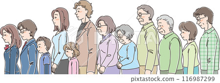 People of various ages _ sideways _ eyes closed and looking down _ 12 people lined up in a row 116987299