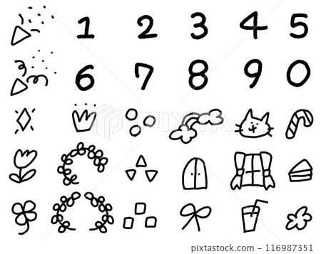 A girly icon set of hand-drawn numbers, laurels, crackers, flowers and crowns A girly icon set of hand-drawn numbers, laurels, crackers, flowers and crowns 116987351