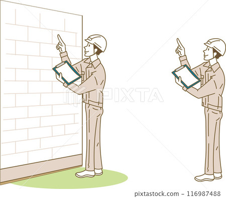 Construction worker/person checking exterior wall Construction worker/person checking exterior wall 116987488