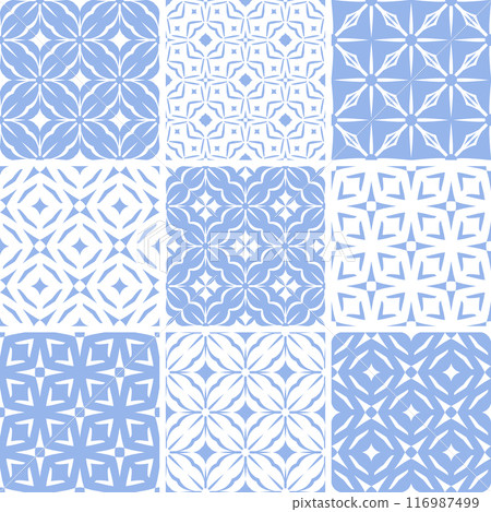 Seamless Geometric Checked Blue and White Patterns Set. Seamless Geometric Checked Blue and White Patterns Set. 116987499