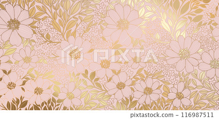 Golden Metallic Foiled Contour Flowers and Leaves on Powder Pink Background. Luxurious Art Deco Wallpaper Design for Print, Poster, Cover, Banner, Invitation, Package, Beauty Products. 116987511