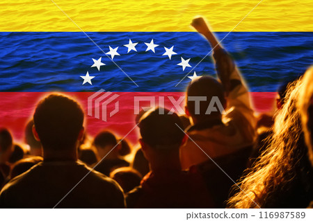 Venezuela protests concept. Venezuelan flags amidst election protests 116987589