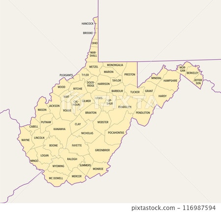 West Virginia counties, political map with borders and county names. Landlocked state in the Southeastern and Mid-Atlantic regions of the United States, subdivided into 55 counties. Illustration 116987594