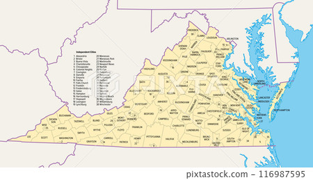 Virginia counties and cities, political map. Commonwealth of Virginia, a state in the Southeastern and Mid-Atlantic regions of the United States, subdivided into 95 counties and 38 independent cities. Virginia counties and cities, political map. Commonwealth of Virginia, a state in the Southeastern and Mid-Atlantic regions of the United States, subdivided into 95 counties and 38 independent cities. 116987595
