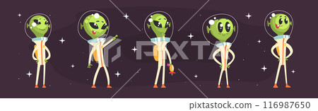Cute Alien Green Character In Space Suit Vector Set 116987650