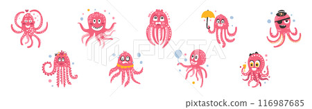 Funny Pink Octopus Character with Tentacles and Smiling Face Vector Set Funny Pink Octopus Character with Tentacles and Smiling Face Vector Set 116987685