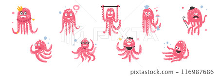 Funny Pink Octopus Character with Tentacles and Smiling Face Vector Set Funny Pink Octopus Character with Tentacles and Smiling Face Vector Set 116987686
