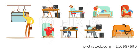 People Character Sleeping at Home on Sofa and In Office Vector Set 116987699