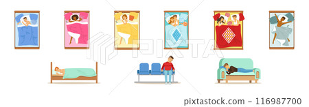 People Character Sleeping at Home in Their Bed Vector Set 116987700
