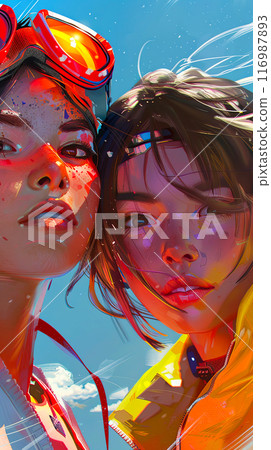 Vertical portrait of two girls in anime style in red retro glasses, against the background of a gentle blue sky, a poster for Children's Day or a poster for Comic-Con 116987893