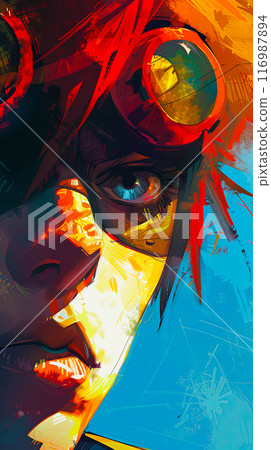 Colorful digital portrait of a young man inspired by anime, close-up, vertical poster as a screensaver idea for your phone or a poster for a comic con 116987894