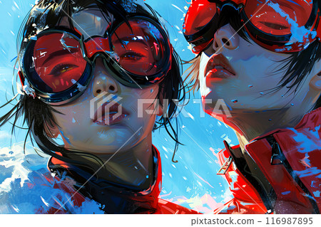 Portrait with an artistic portrait of two girls in anime style in red retro glasses, pensive look of teenagers against the backdrop of a soft blue sky, Children's Day poster Portrait with an artistic portrait of two girls in anime style in red retro glasses, pensive look of teenagers against the backdrop of a soft blue sky, Children's Day poster 116987895