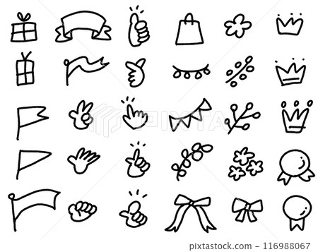 Hand-drawn cute flags, medals, leaves, crowns, medals, pointing fingers, medal icons 116988067