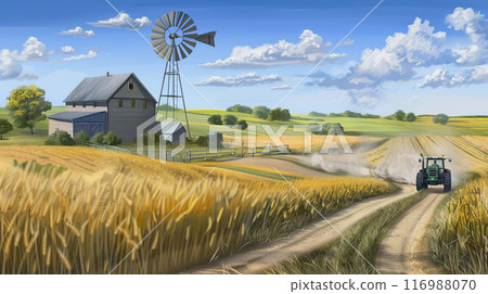 Watercolor landscape of farm and tractor on the road, concept of the importance of rural in life, beautiful landscape 116988070