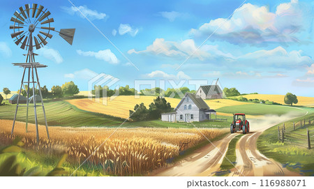 Nostalgic view of an old farm, a dirt road through sun-drenched wheat fields and leading to a farmhouse, a tractor is driving along the road, concept of the importance of agriculture Nostalgic view of an old farm, a dirt road through sun-drenched wheat fields and leading to a farmhouse, a tractor is driving along the road, concept of the importance of agriculture 116988071