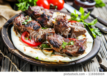 Kebab on pita bread with vegetables and herbs, delicious meat baked on coals served on the table, close-up on juicy meat, popular barbecue dish 116988084