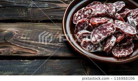 Cured lamb or beef sausage cut into pieces with seasonings, free space for text Cured lamb or beef sausage cut into pieces with seasonings, free space for text 116988106