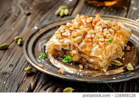 Baklava, a favorite delicacy popular during the holidays, close-up of the dish on an old dark rough wooden table. 116988126