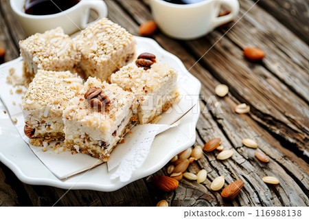 Delicious favorite Turkish dessert for coffee - halva with nuts, close-up 116988138
