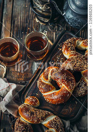 Vertical poster with Turkish bagels with sesame seeds, a traditional teapot of tea and a glass of armoud on the table, top view Vertical poster with Turkish bagels with sesame seeds, a traditional teapot of tea and a glass of armoud on the table, top view 116988203