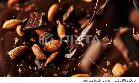 Almonds and dark chocolate pieces are mixed with chocolate mousse to create a dessert, close-up 116988209