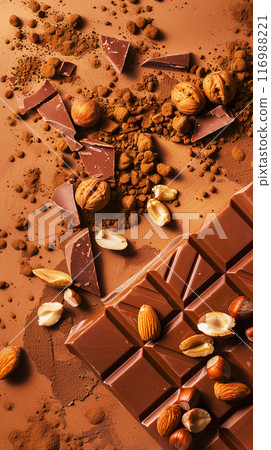 milk chocolate bar with nuts and cocoa powder, top view, making homemade chocolate 116988221