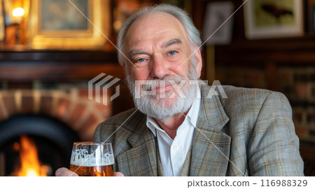 Portrait of an elderly man with a pint of beer in his hand, sitting in his favorite bar, lager advertising poster 116988329