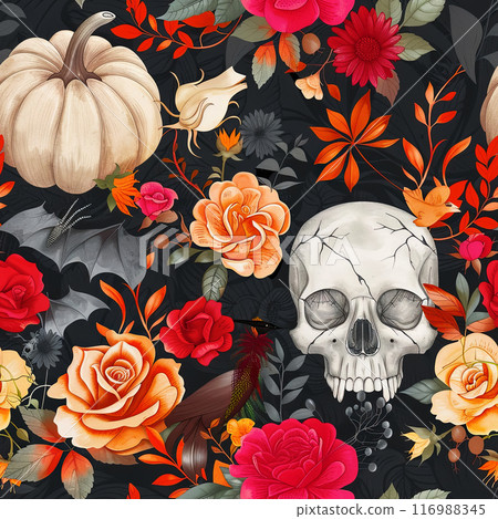 Endless Halloween or Day of the Dead tile with skulls and blooming roses Endless Halloween or Day of the Dead tile with skulls and blooming roses 116988345
