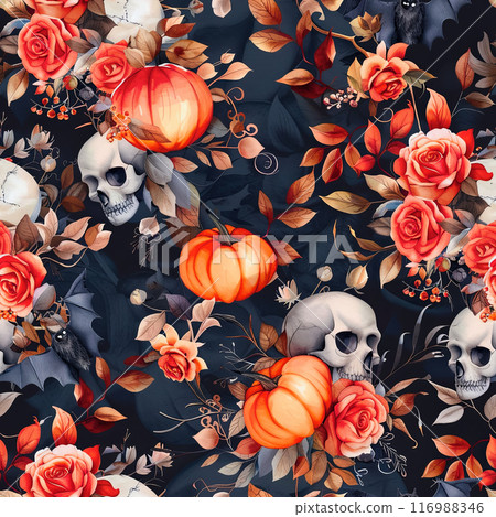 Poster with combination of scoops with floral patterns of roses and bats, endless tile for Halloween or Day of the Dead Poster with combination of scoops with floral patterns of roses and bats, endless tile for Halloween or Day of the Dead 116988346