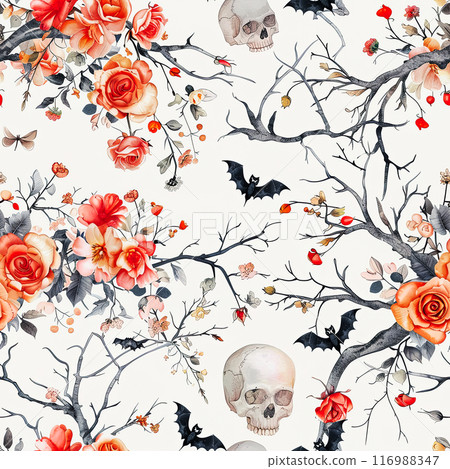 Floral pattern concept with skull and roses on white background, seamless concept for Halloween or Day of the Dead 116988347