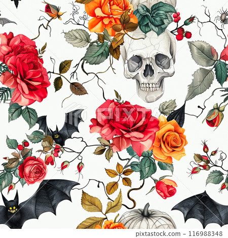 Pattern with skull and roses on a white background, seamless concept for Halloween 116988348