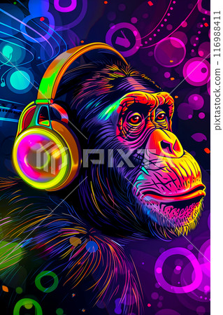 Anime portrait of a chimpanzee wearing full-sized headphones against a background of neon lights, idea for wallpaper or poster Anime portrait of a chimpanzee wearing full-sized headphones against a background of neon lights, idea for wallpaper or poster 116988411