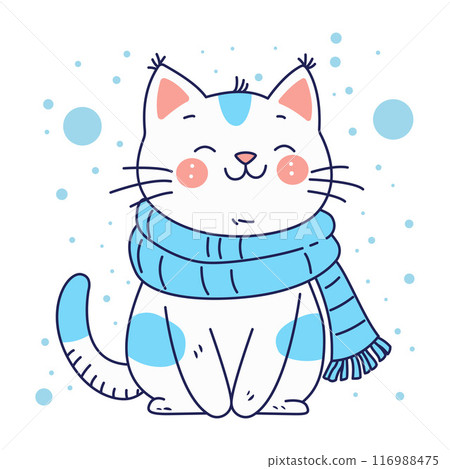 Cute Cat Cartoon Wearing Blue Scarf in Snow Winter Season with Smile Expression Cute Cat Cartoon Wearing Blue Scarf in Snow Winter Season with Smile Expression 116988475