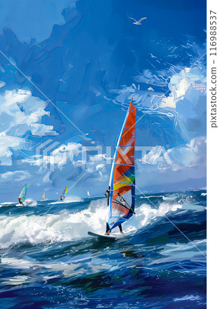 Windsurfing competition advertising poster, bright sunny day with clear blue sky, colorful design Windsurfing competition advertising poster, bright sunny day with clear blue sky, colorful design 116988537