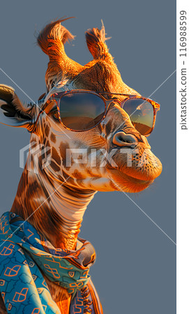 Giraffe wearing sunglasses and silk scarf on blue sky background, vertical travel advertising poster Giraffe wearing sunglasses and silk scarf on blue sky background, vertical travel advertising poster 116988599