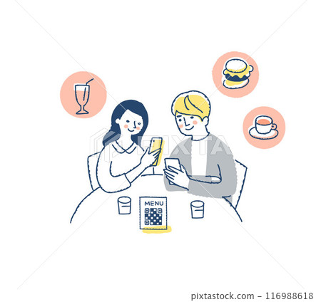 Customers ordering food by scanning QR code with their smartphones / Table orders 116988618