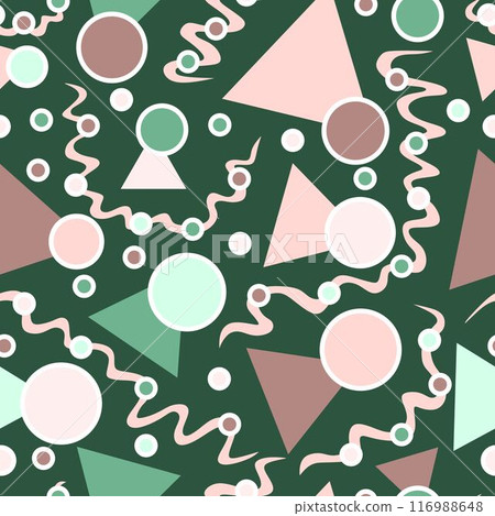 Modern seamless pattern with simple geometric figures and wavy lines, perfect for web background or print wrapping decoration and fashion textile, fabric design. Light pink and green colors. 116988648