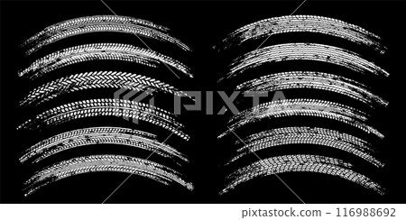 Grunge tire tracks, wheel braking marks. Truck, car or motorcycle tread pattern silhouettes. Auto race, motorsport, speed racing design element. Vector illustration 116988692