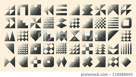 Brutalist geometric shapes, dotted objects. Stipple elements modern symbols. Simple primitive forms. Retro design, trendy contemporary minimalist style, y2k. Dot shading, drawing. Vector illustration 116988693