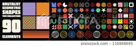 Brutalist geometric shapes, modern symbols. Groovy checkered pattern, distorted tiled grid. Simple elements, forms. Retro design, trendy contemporary minimalist style, y2k. Vector illustration Brutalist geometric shapes, modern symbols. Groovy checkered pattern, distorted tiled grid. Simple elements, forms. Retro design, trendy contemporary minimalist style, y2k. Vector illustration 116988695