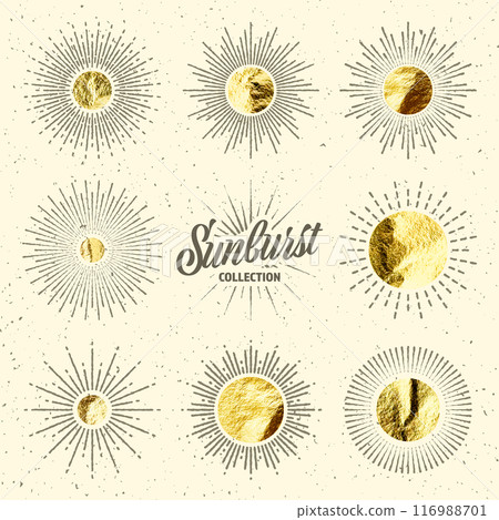 Vintage grunge sunburst sunset beams. Gold foil, shiny handmade circles. Golden glittering texture, pattern. Hand drawn bursting sun, light rays. Logotype, lettering, retro style. Vector illustration Vintage grunge sunburst sunset beams. Gold foil, shiny handmade circles. Golden glittering texture, pattern. Hand drawn bursting sun, light rays. Logotype, lettering, retro style. Vector illustration 116988701