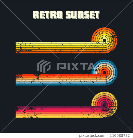 Grunge horizontal vintage sunsets. Various colorful striped sunrise badges in 80s and 90s style. Sun and ocean view, summer vibes, surfing. Design element, print, logo or t-shirt. Vector illustration Grunge horizontal vintage sunsets. Various colorful striped sunrise badges in 80s and 90s style. Sun and ocean view, summer vibes, surfing. Design element, print, logo or t-shirt. Vector illustration 116988722
