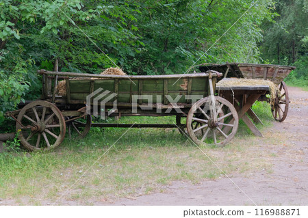 Village vehicle in nature background. Retro wooden cart. Village vehicle in nature background. Retro wooden cart. 116988871