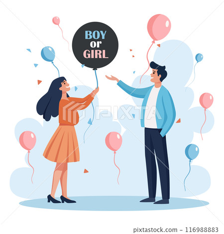 Gender reveal party. The couple holds a balloon with the inscription Boy or girl in their hands Gender reveal party. The couple holds a balloon with the inscription Boy or girl in their hands 116988883