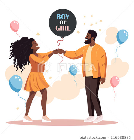 Gender reveal party. The couple holds a balloon with the inscription Boy or girl in their hands 116988885
