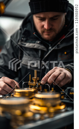 A focused mechanic in winter gear carefully adjusts intricate machinery, demonstrating skill and concentration. 116988952