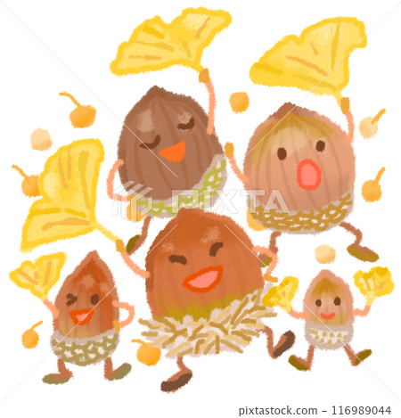 Acorns dancing with ginkgo leaves 116989044