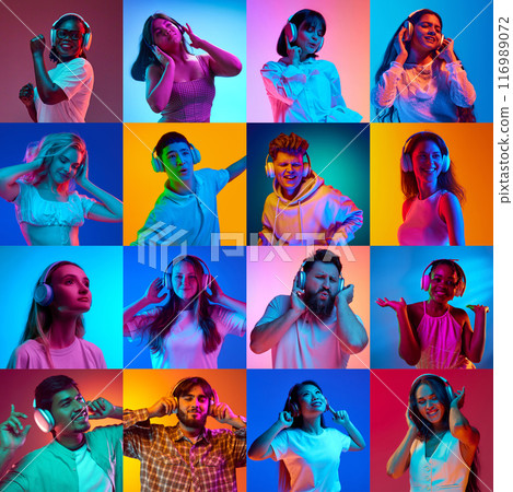 Collage. People, men and women, listening music in headphones, singing and dancing in neon light against gradient multicolored background. 116989072
