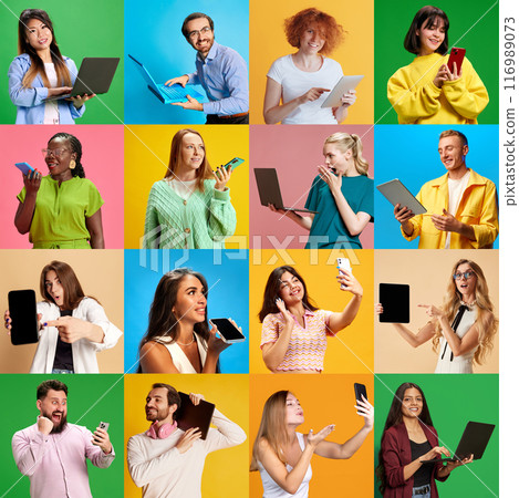 Young people, men and women, different races and ages using gadgets as laptops, phones for calls, study, work, shopping. 116989073