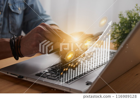 Casual Businessman Touch Mobile Phone and 2023 Stock Market Bar Chart or Graph Trend 116989128